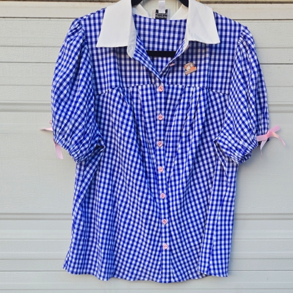 Blue and White Gingham Button Down Blouse